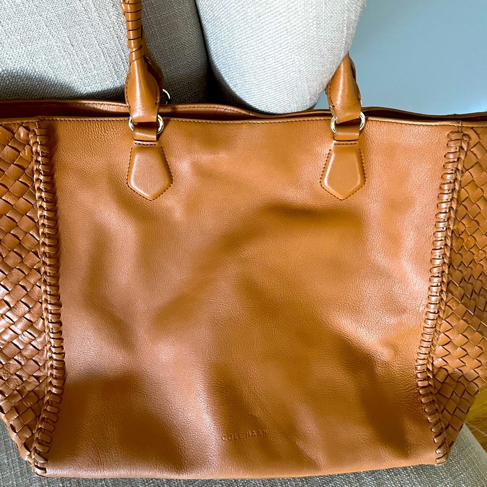 Cole Haan Woven Leather Tote Bag in Camel Brown